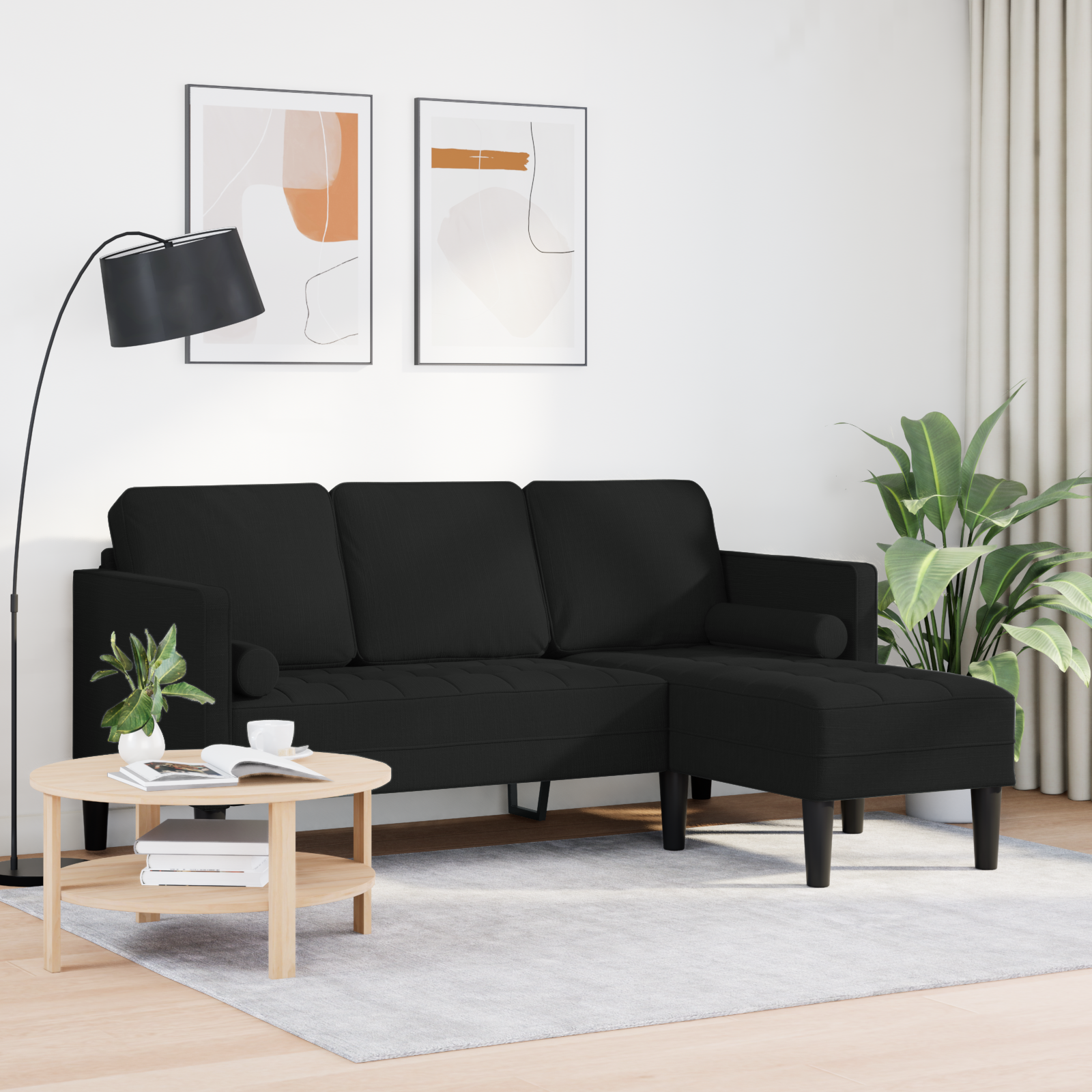 Divano L-Shaped a 3 Posti Nero 160 cm Tessuto