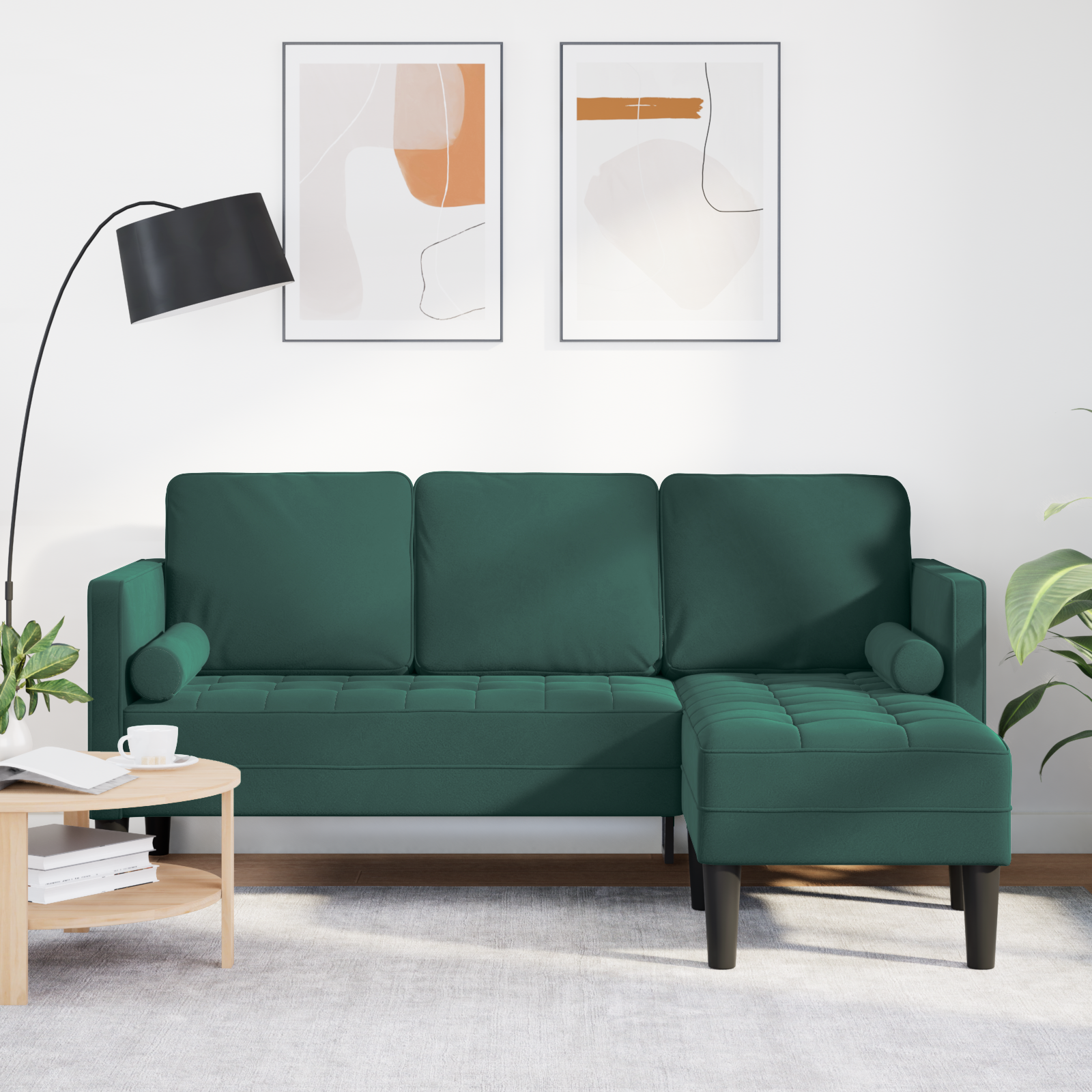 Divano 3 posti con chaise longue L verde scuro 160 cm in velluto