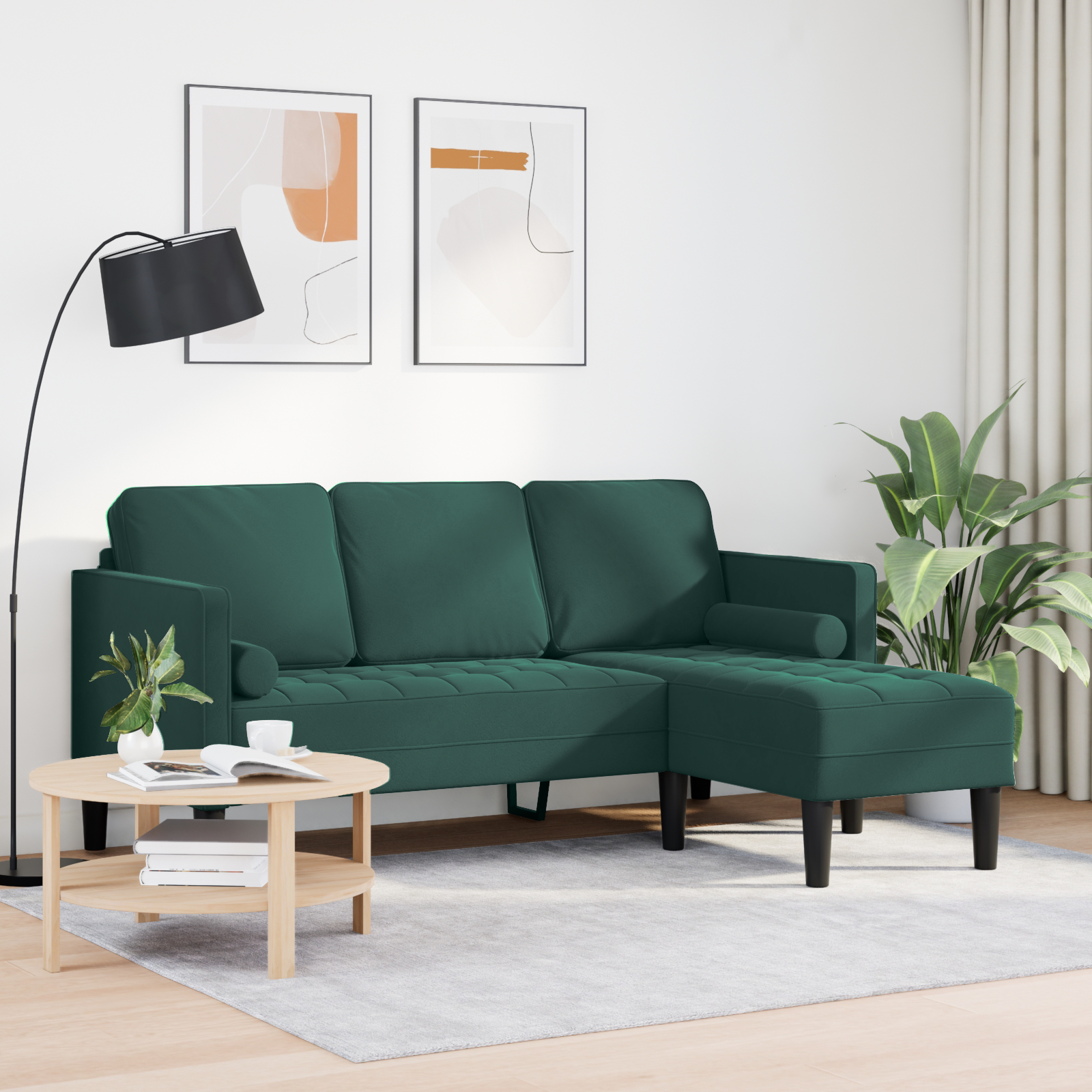 Divano 3 posti con chaise longue L verde scuro 160 cm in velluto