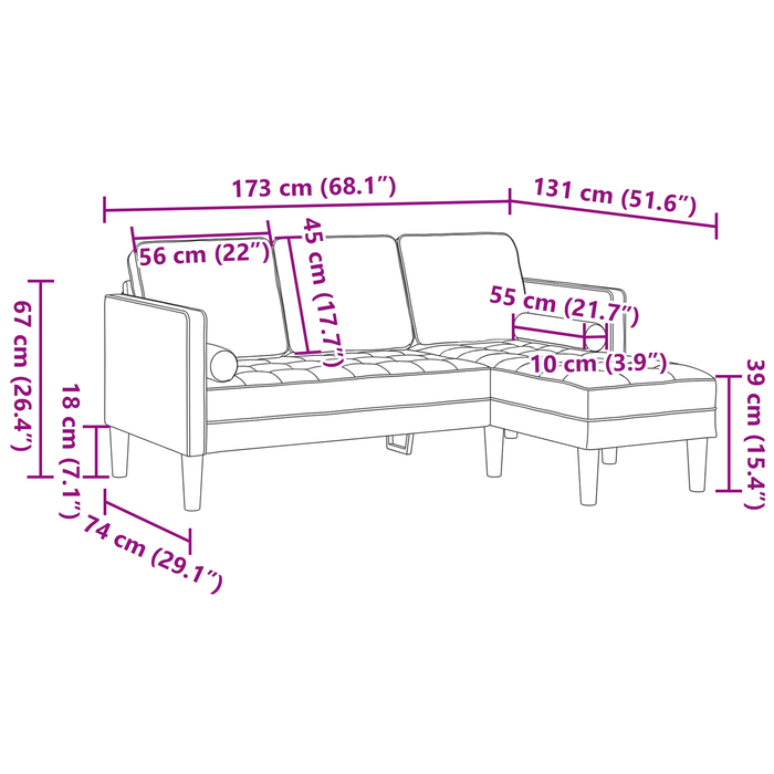 Divano 3 posti con chaise longue L verde scuro 160 cm in velluto