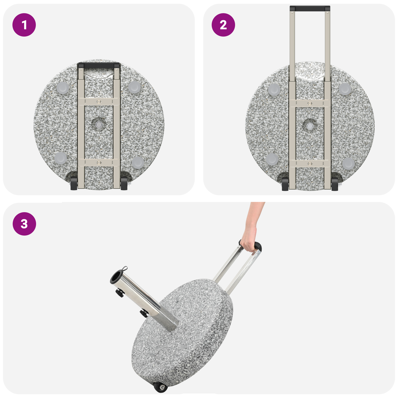 Base per Ombrelli con Ruote e Maniglia Grigia in Granito 29 kg Rotonda