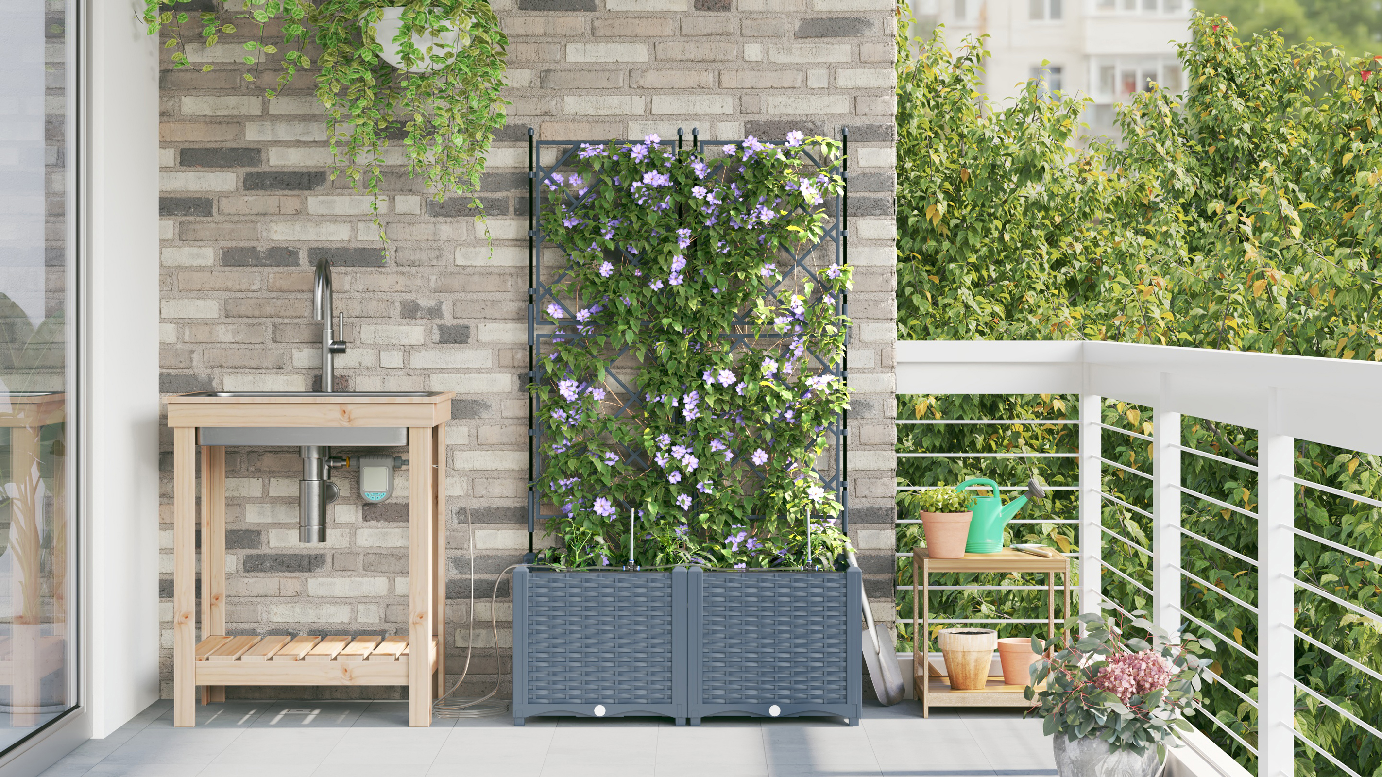 Fioriere da Giardino con Sistema di Irrigazione 2 pezzi Grigio Chiaro