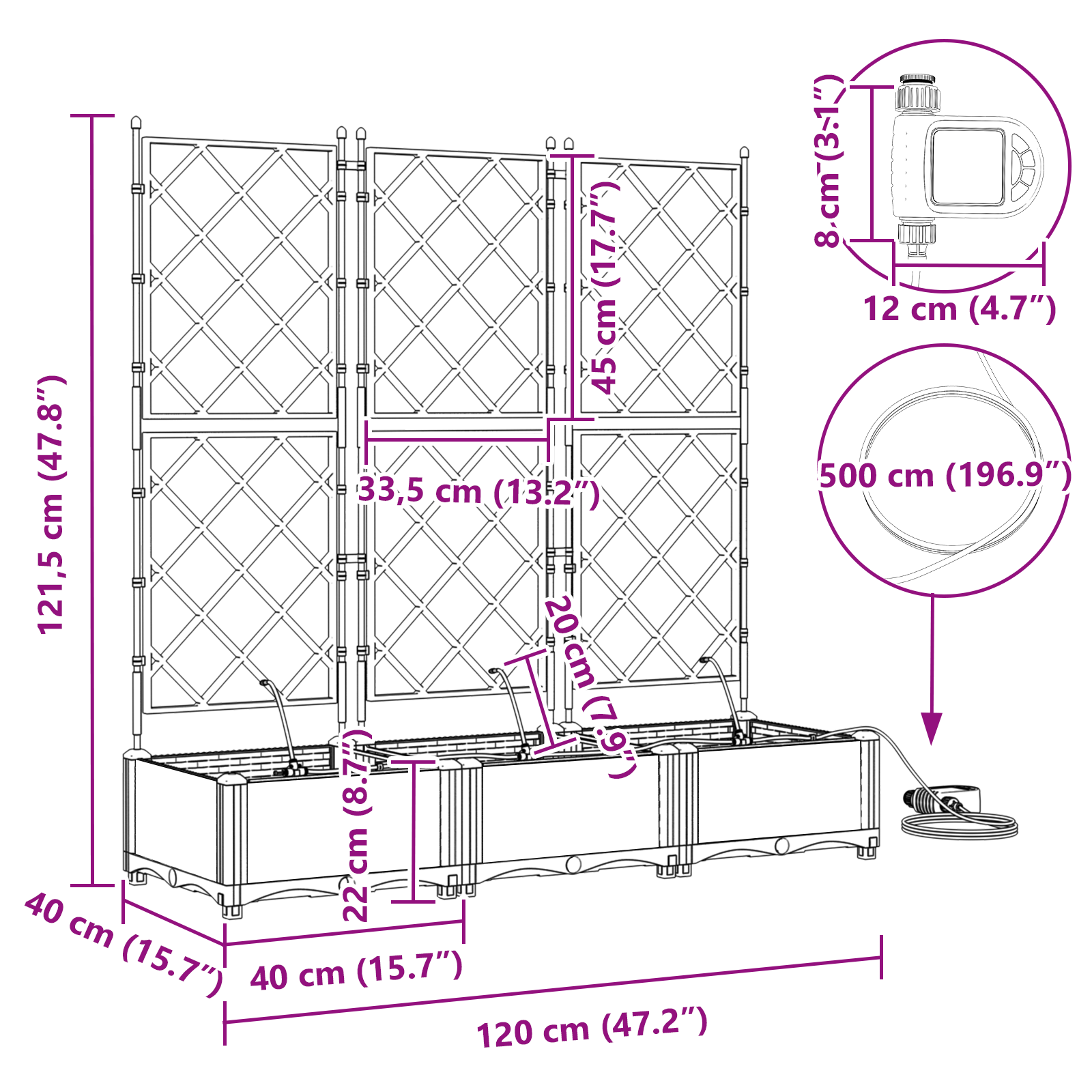 Fioriere da Giardino con Sistema di Irrigazione 3 pcs Grigio chiaro