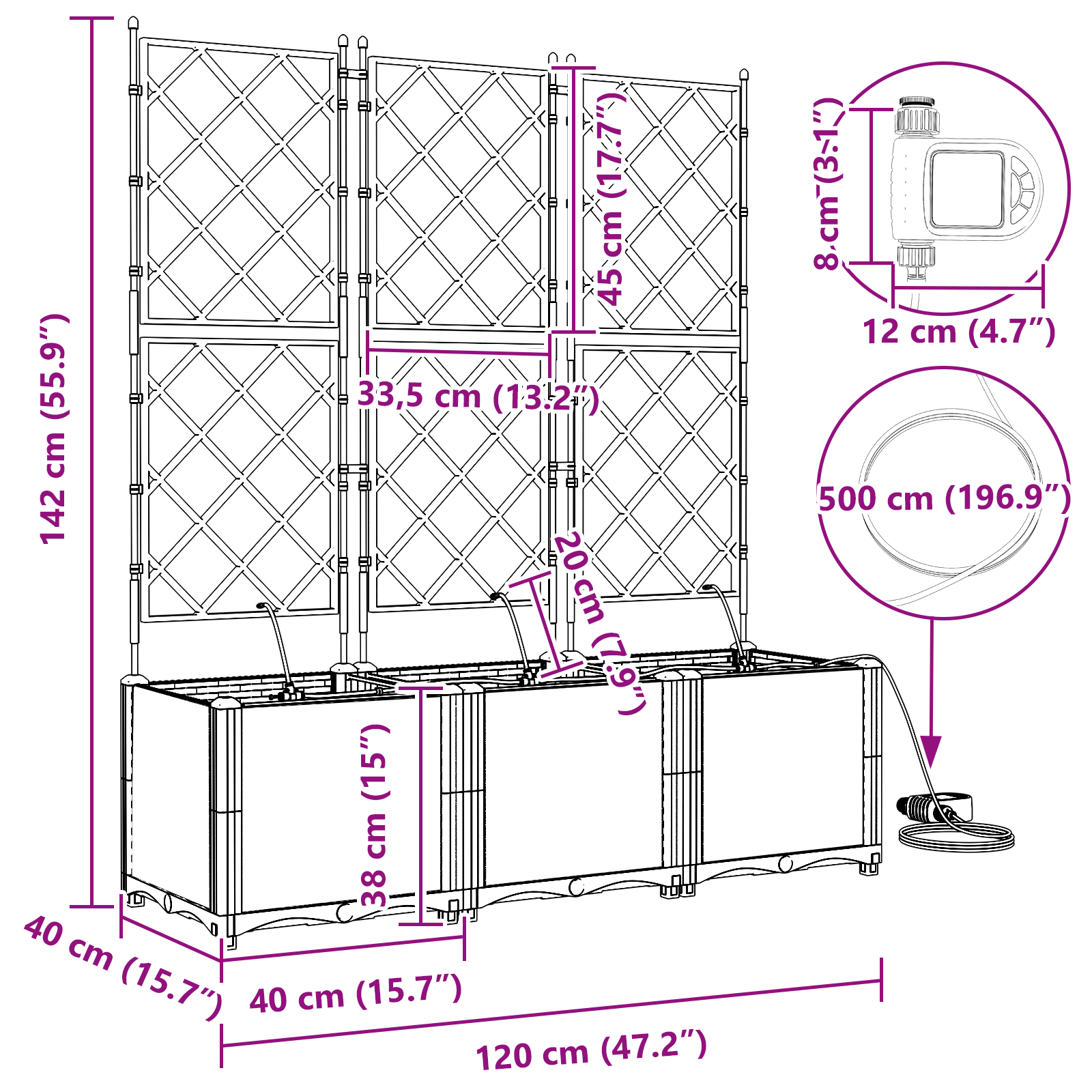 Fioriere da Giardino con Sistema di Irrigazione 3 pz Grigio Chiaro