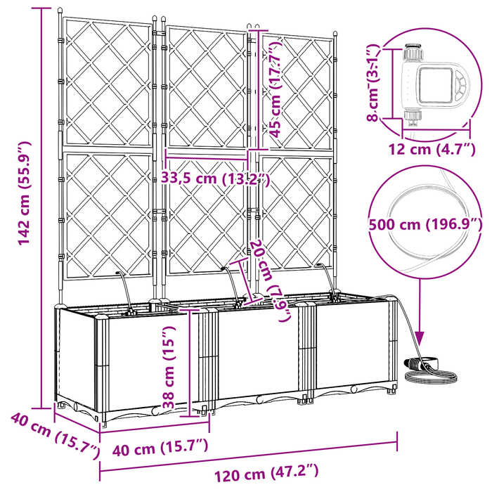 Fioriere da Giardino con Sistema di Irrigazione 3 pz Grigio Chiaro