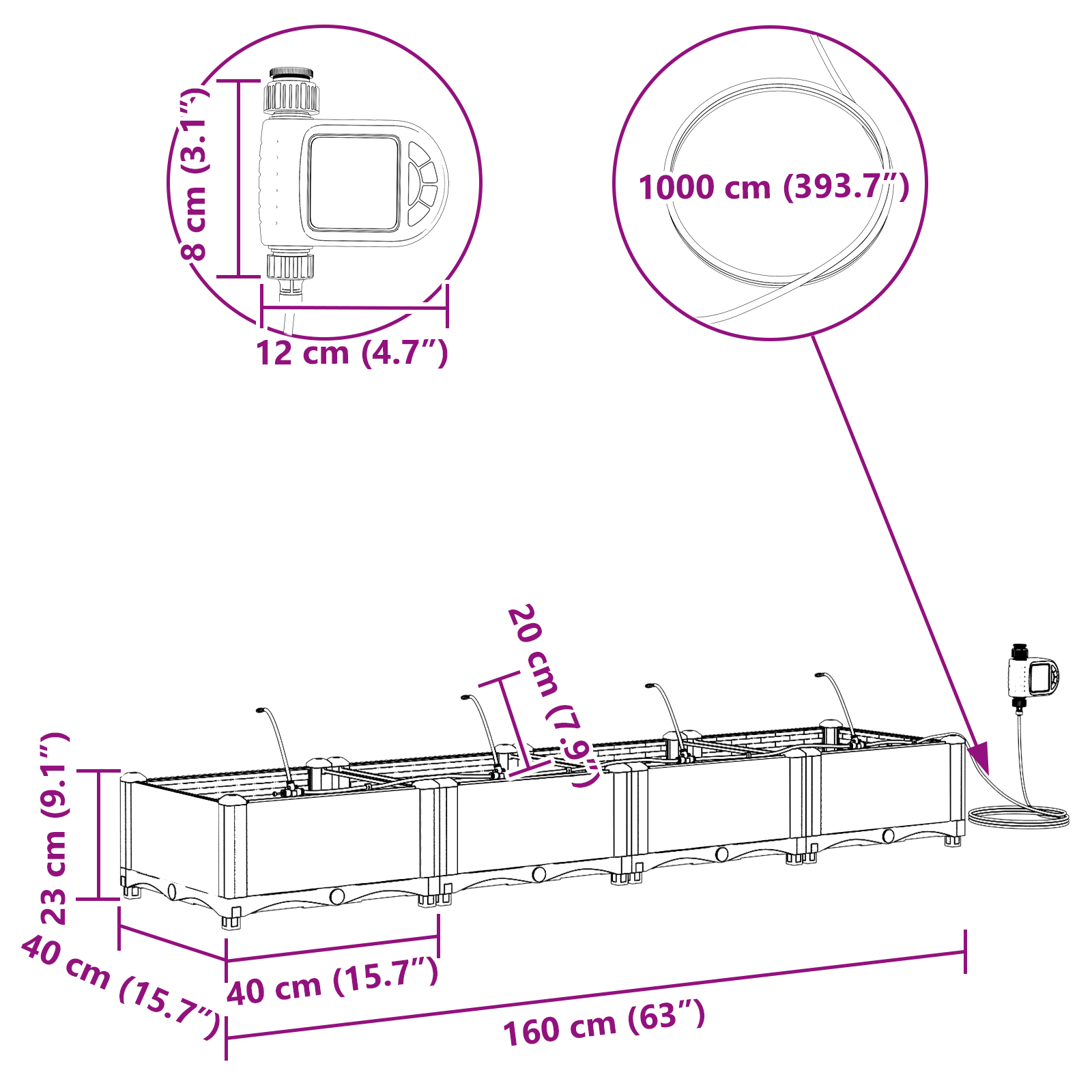 Fioriere da Giardino con Sistema di Irrigazione 4 pezzi Bianco