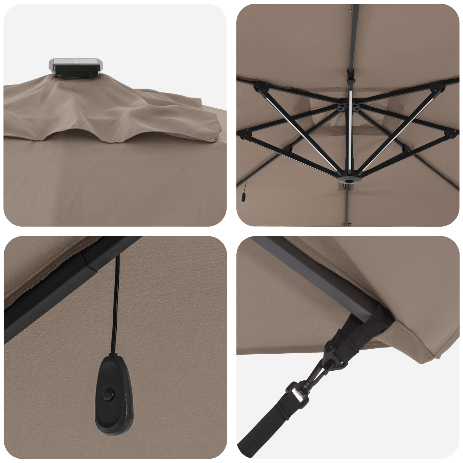 Ombrello a Sbalzo Roma con LED Tortora 286x285x270 cm Alluminio