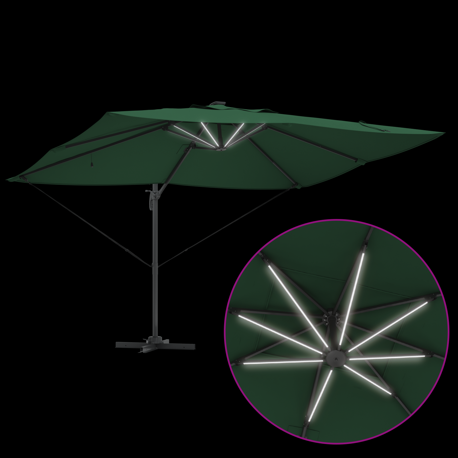 Parasol Roma a sbalzo con LED Verde 352x251x265 cm Alluminio