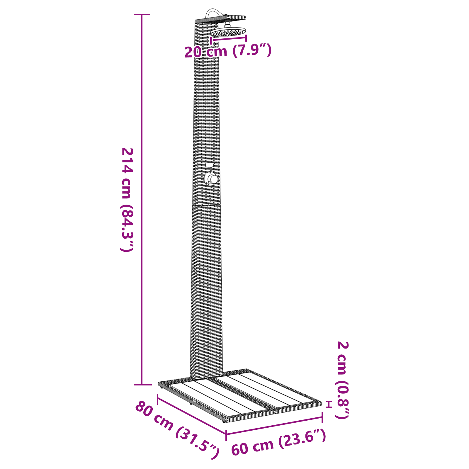 Doccia da giardino Grigio 60x80x214 cm Rattan Poliestere