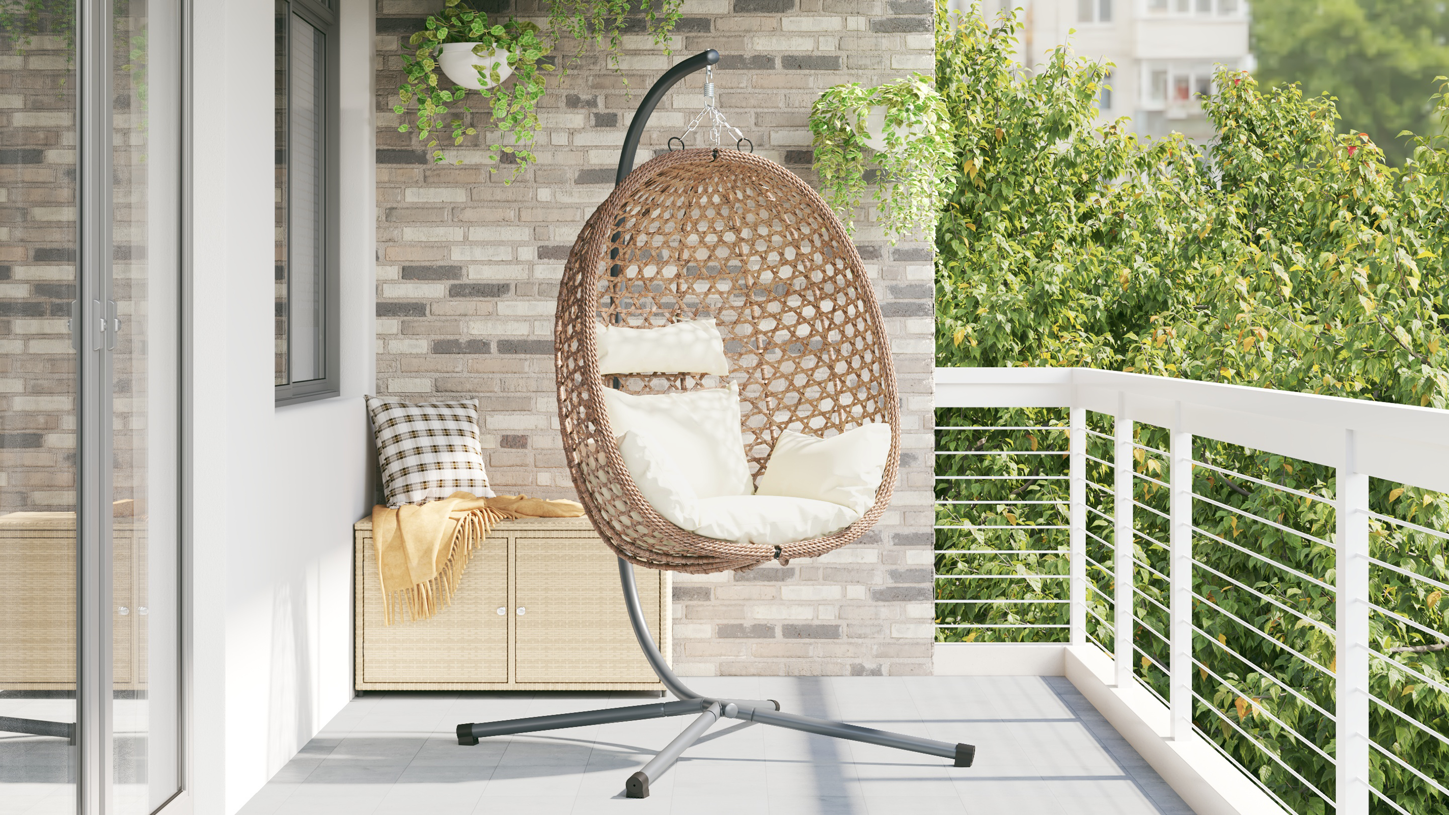 Sedia a Uovo Sospesa con Base e Supporto in Polyrattan Caffè