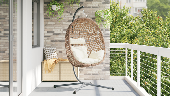 Sedia a Uovo Sospesa con Base e Supporto in Polyrattan Caffè