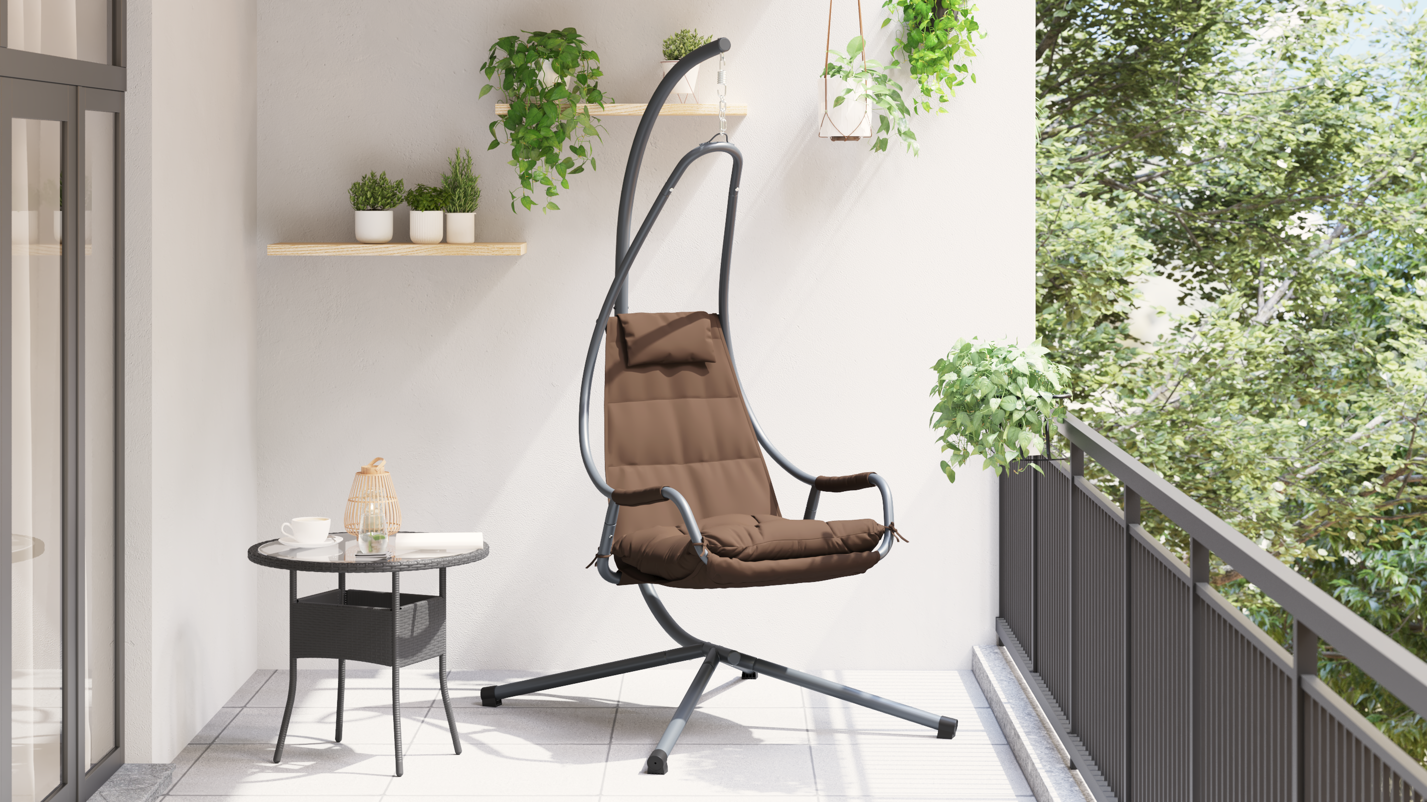 Sedia Appesa con Supporto e Cuscino Caffè Acciaio