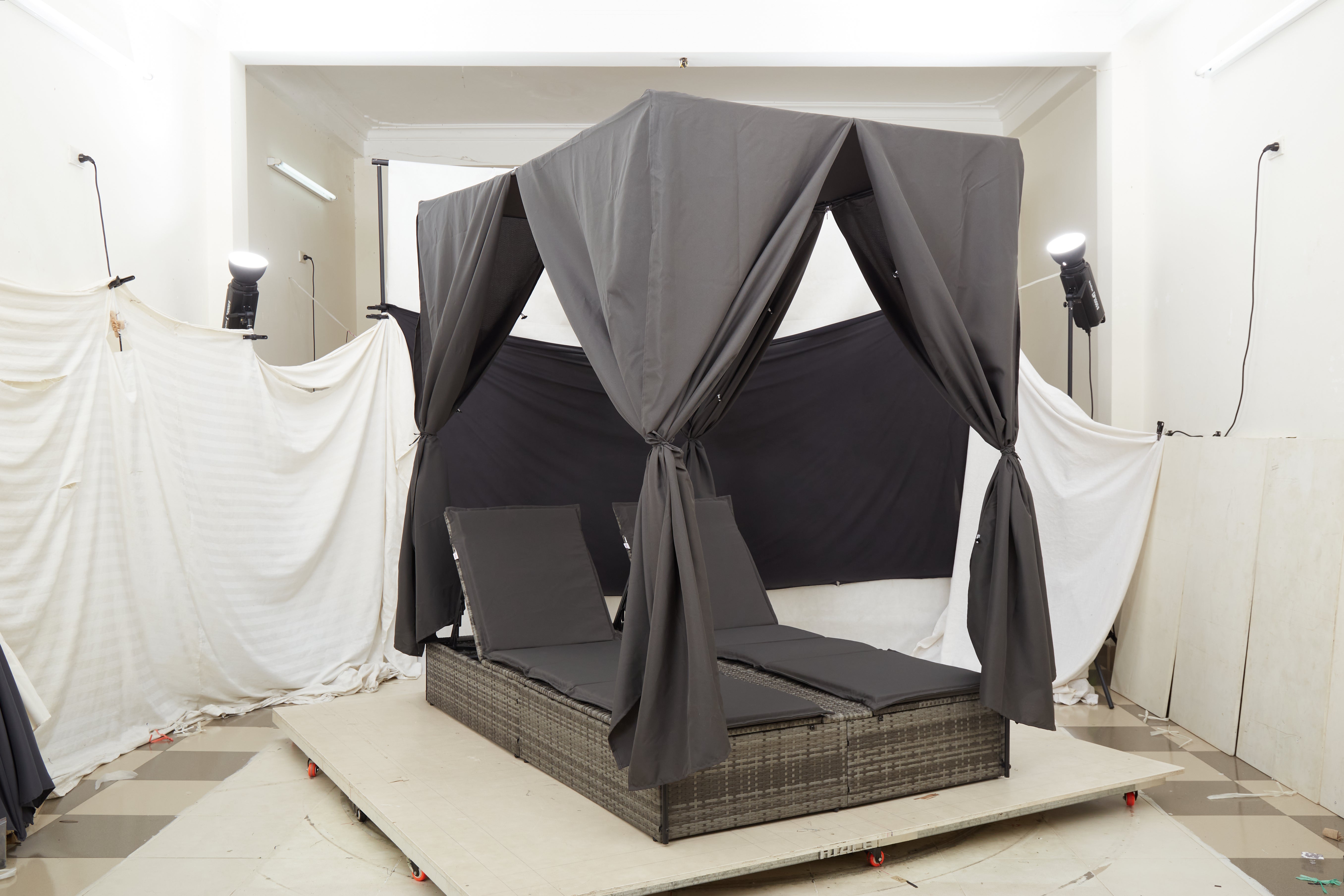 Dondolo doppio con tetto e tende Grigio Polyrattan 42004118