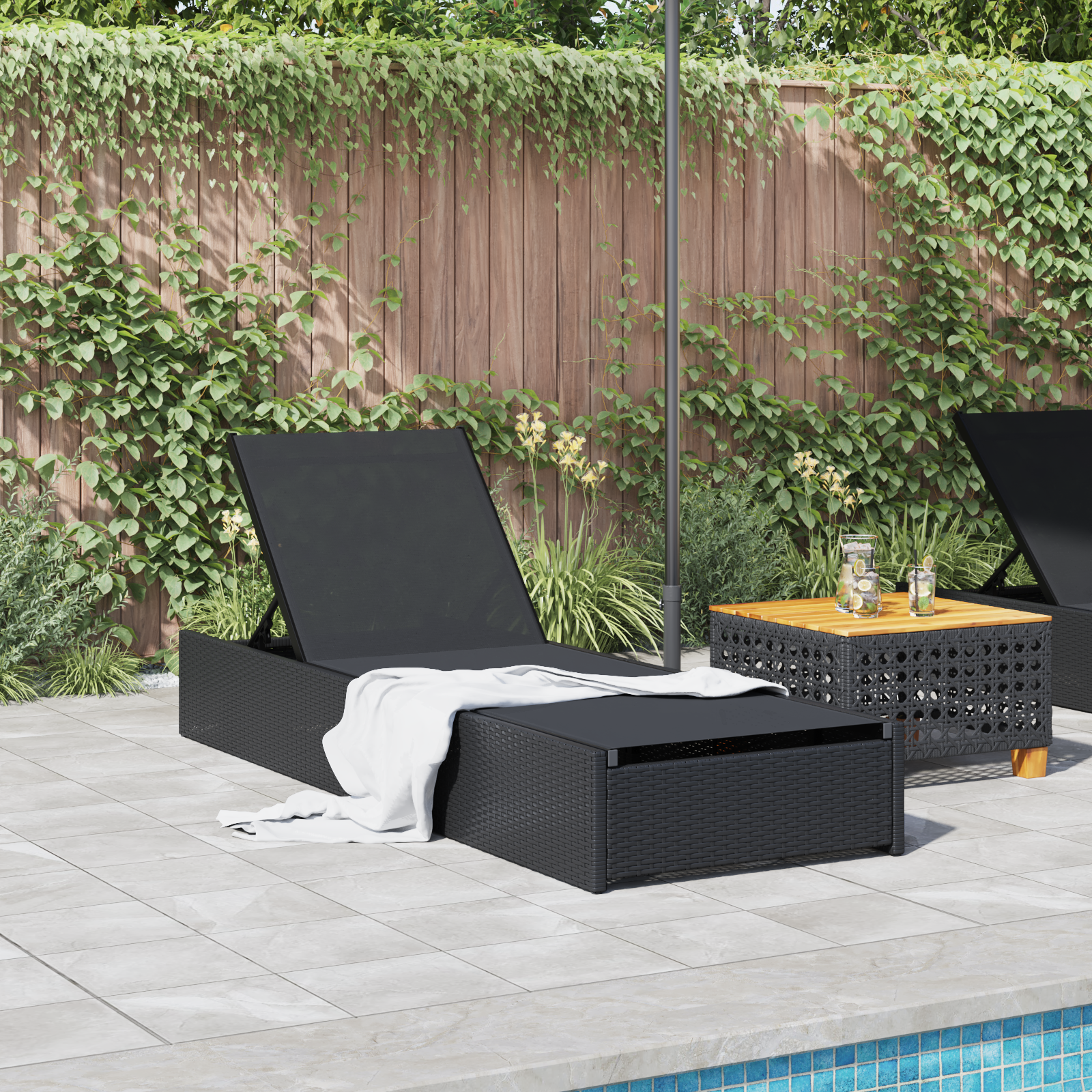 Lettino Prendisole Nero 60x200x27 cm Rattan Sintetico