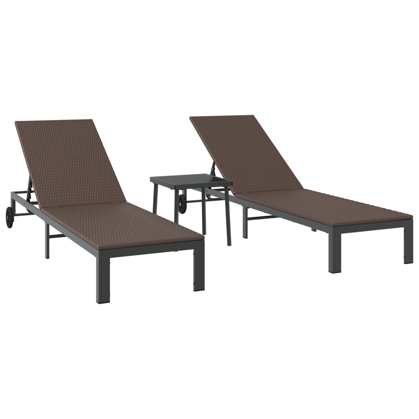 Lettini 2 pcs con Ruote e Tavolo Marrone in Polyrattan