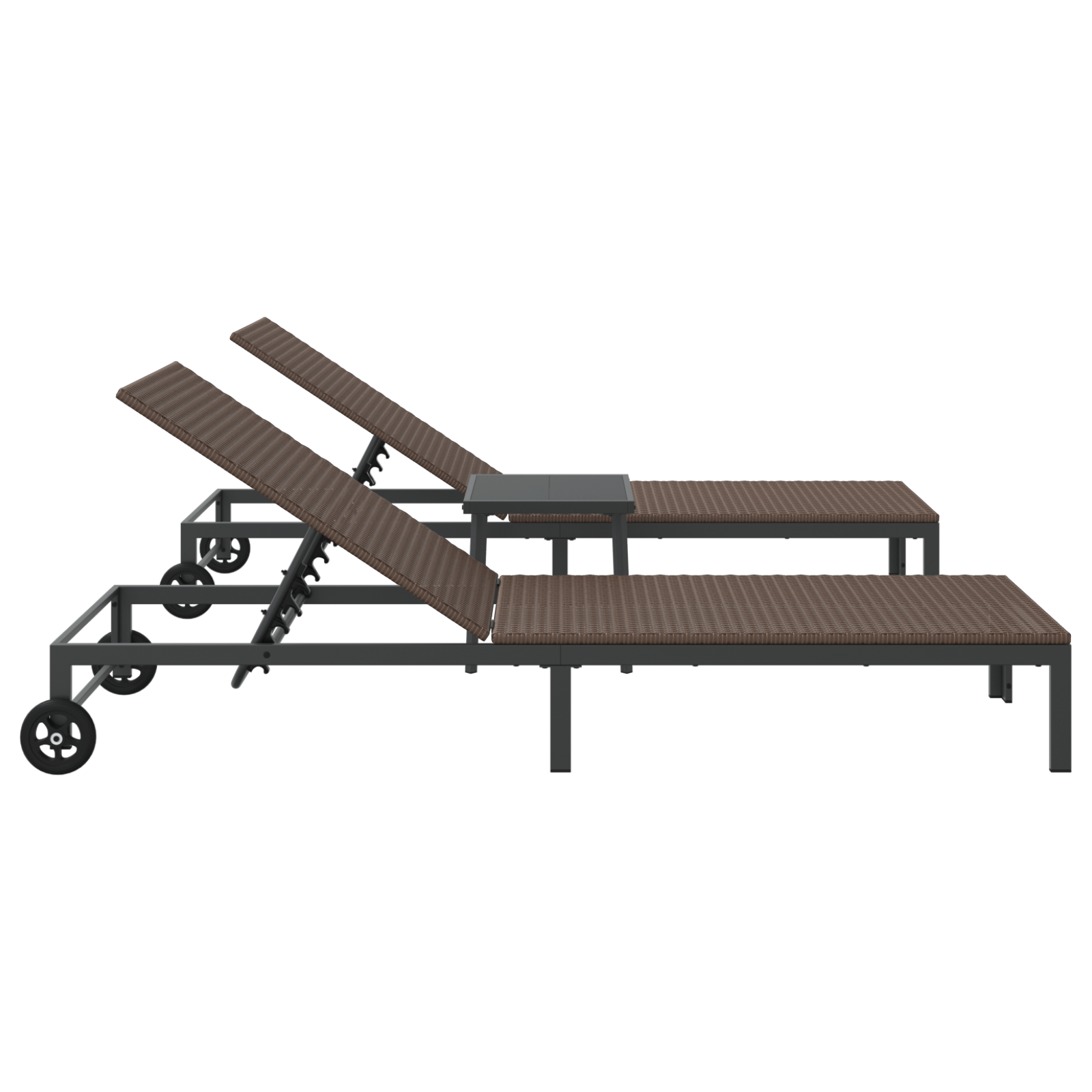 Lettini 2 pcs con Ruote e Tavolo Marrone in Polyrattan