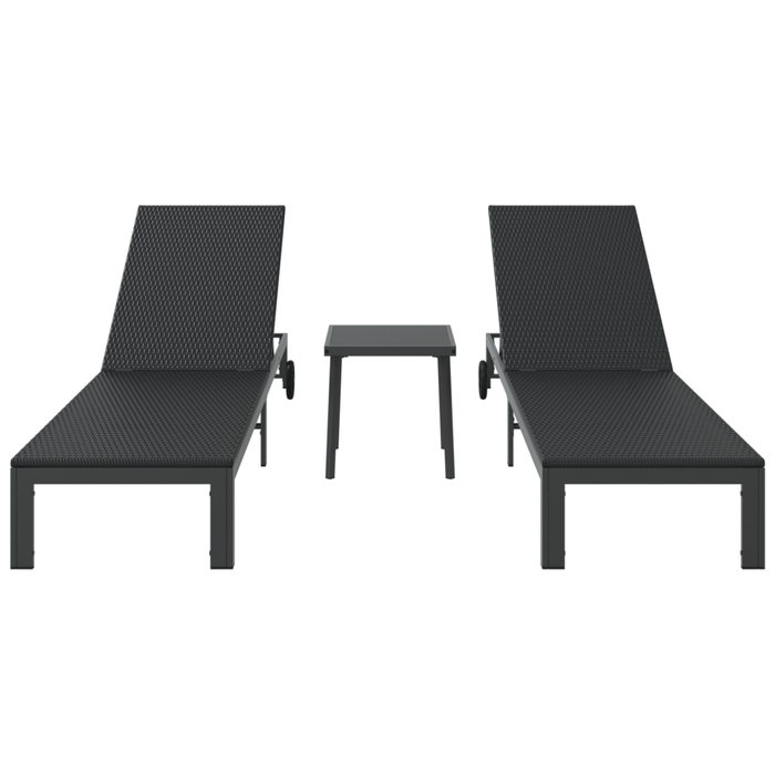 Lettini 2 pcs con Ruote e Tavolo Nero Polyrattan