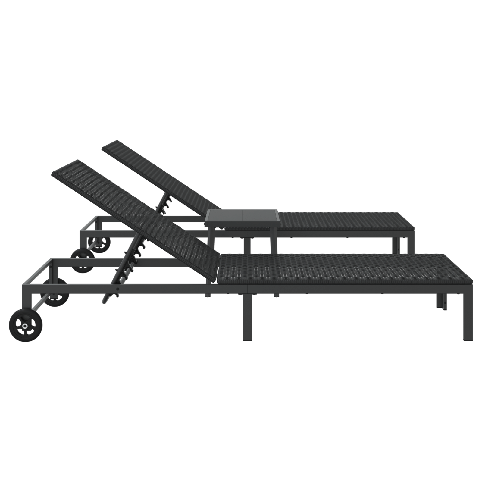 Lettini 2 pcs con Ruote e Tavolo Nero Polyrattan