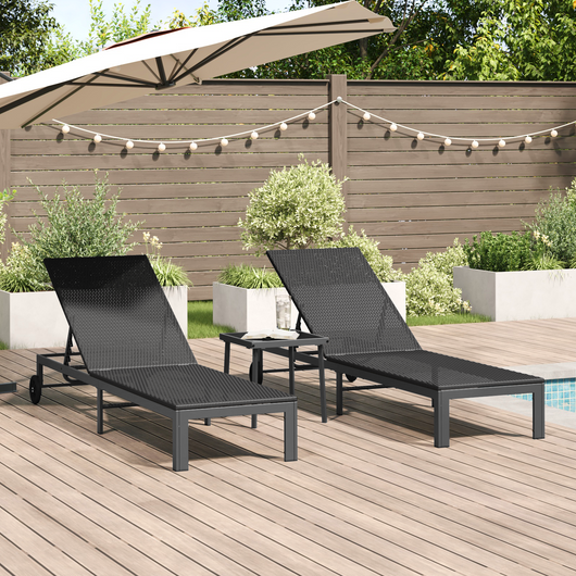 Lettini 2 pcs con Ruote e Tavolo Nero Polyrattan