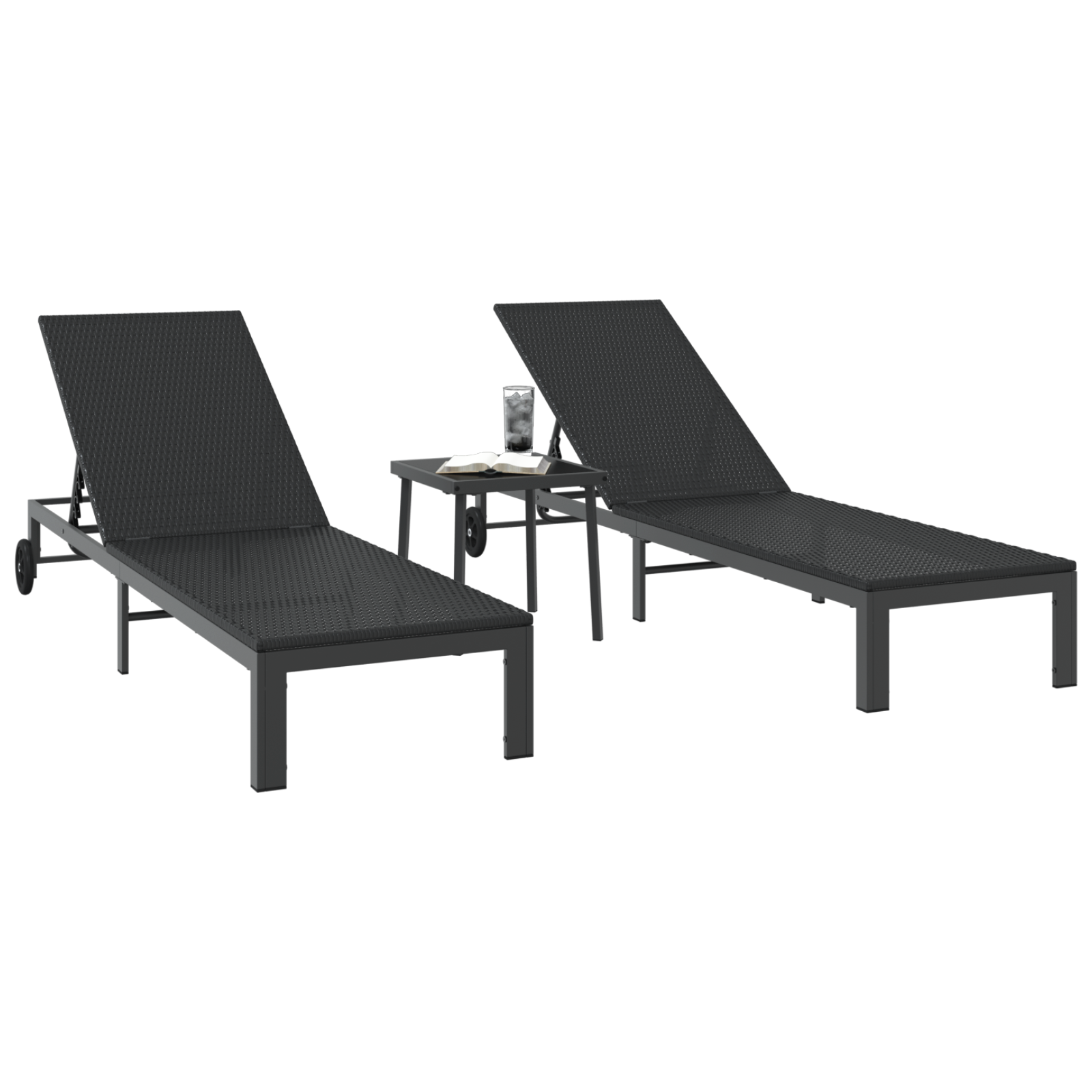 Lettini 2 pcs con Ruote e Tavolo Nero Polyrattan
