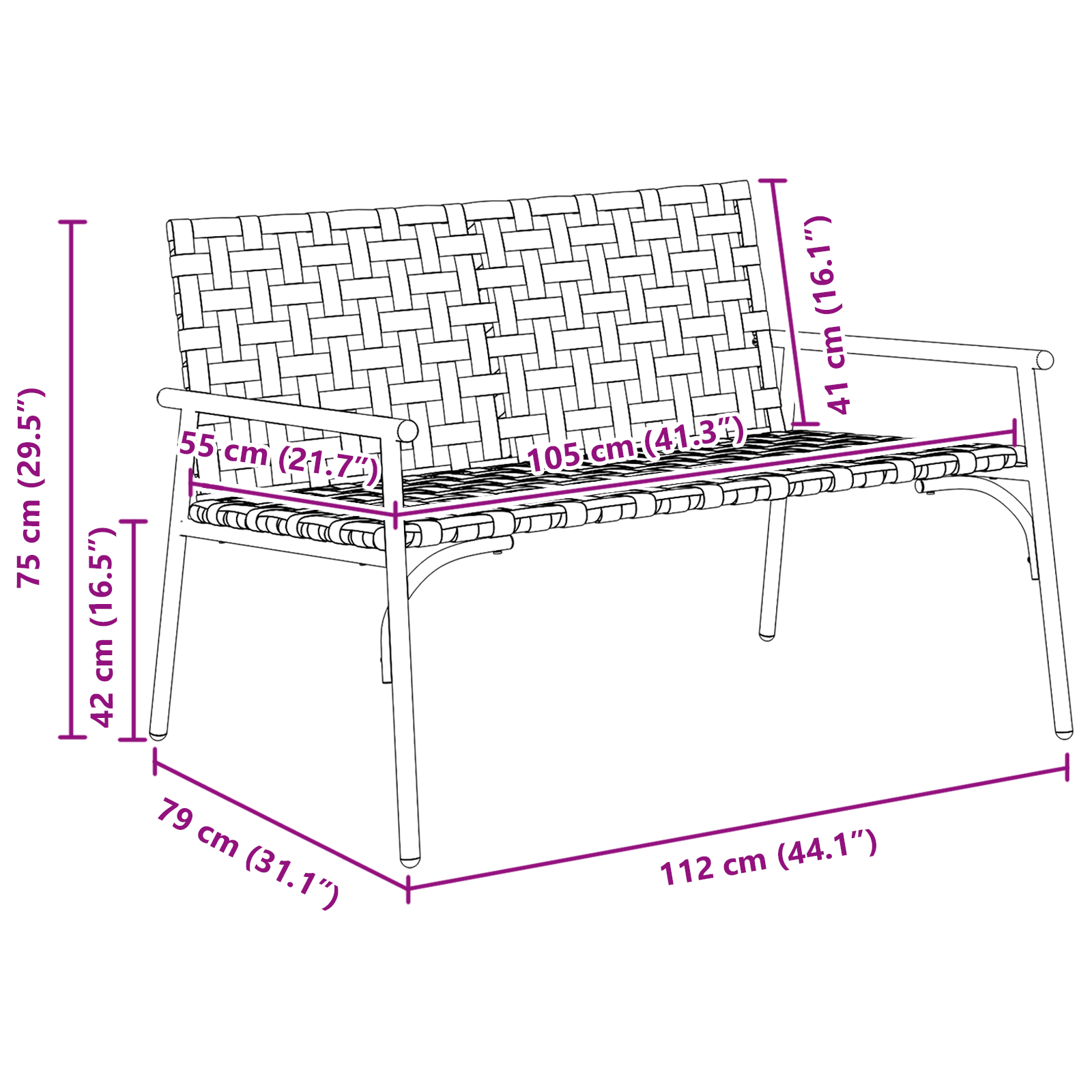 Panchina da giardino  Nera 113x79x75 cm in Rattan