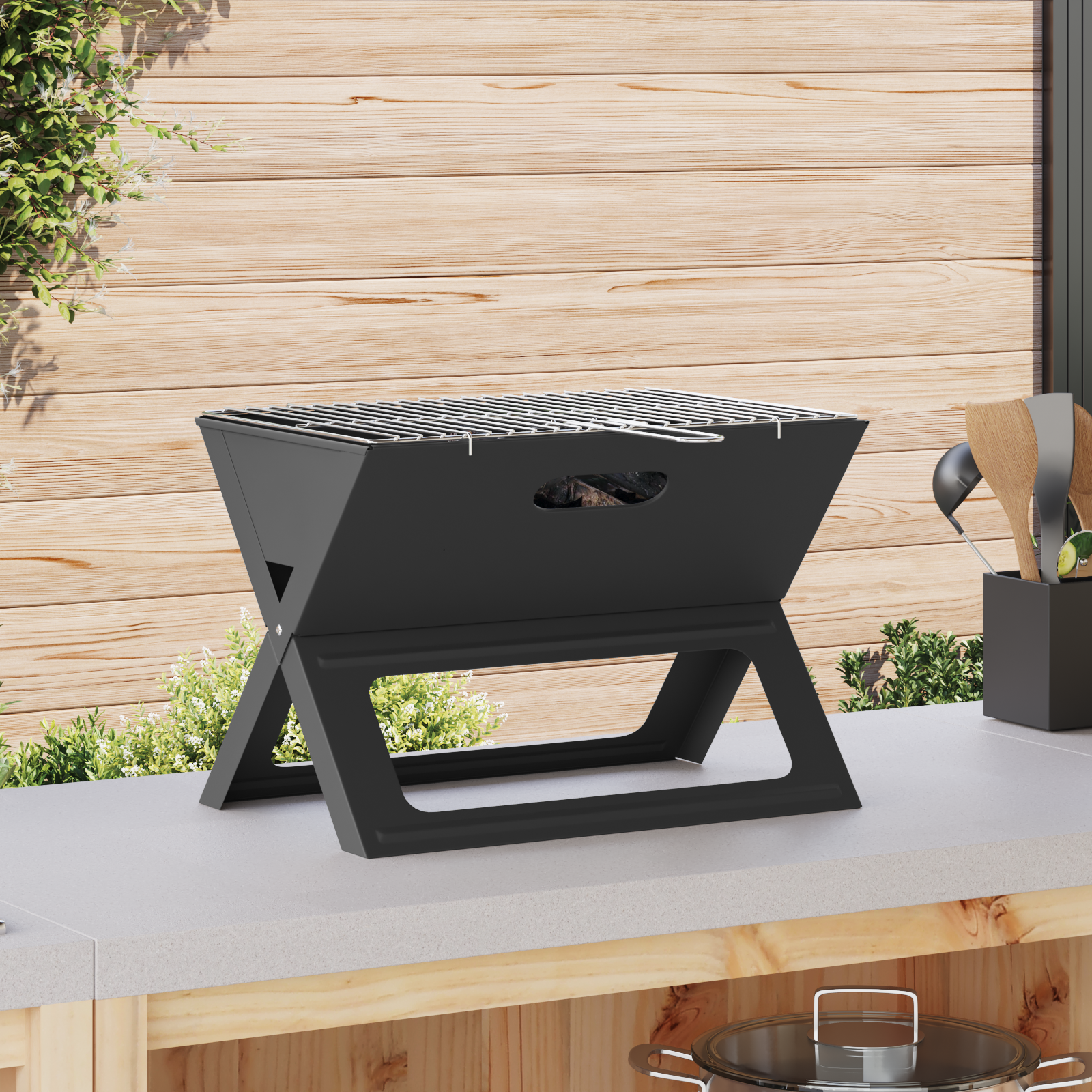 Griglia BBQ a Carbone - Pieghevole, Nera, 46x30x31 cm, Realizzata in Acciaio