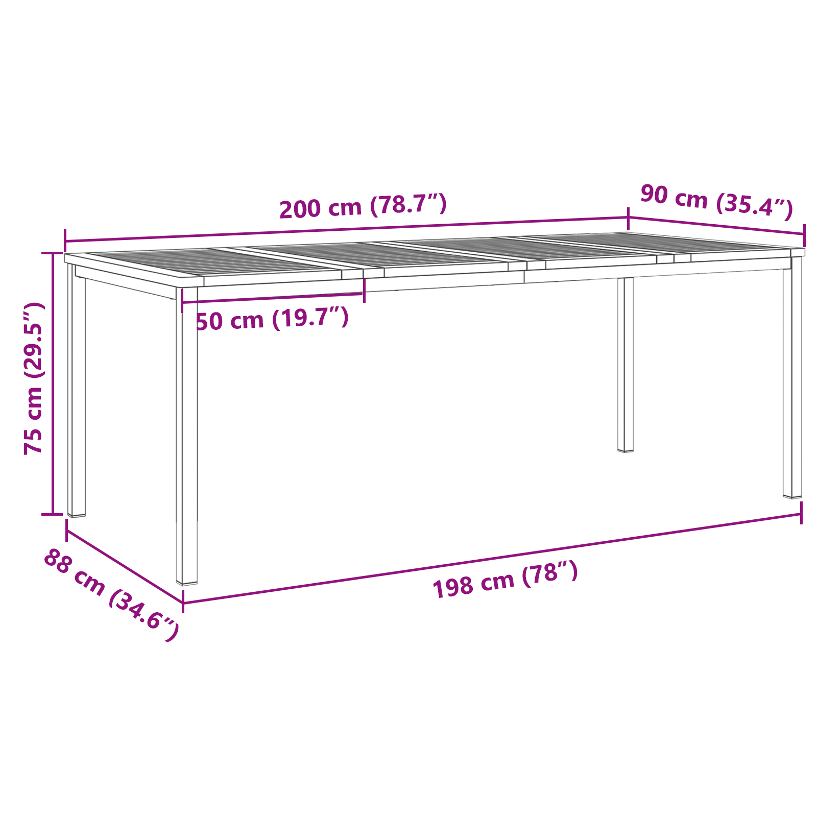 Tavolo da pranzo all'aperto 200x90x74,5 cm in legno massello di acacia
