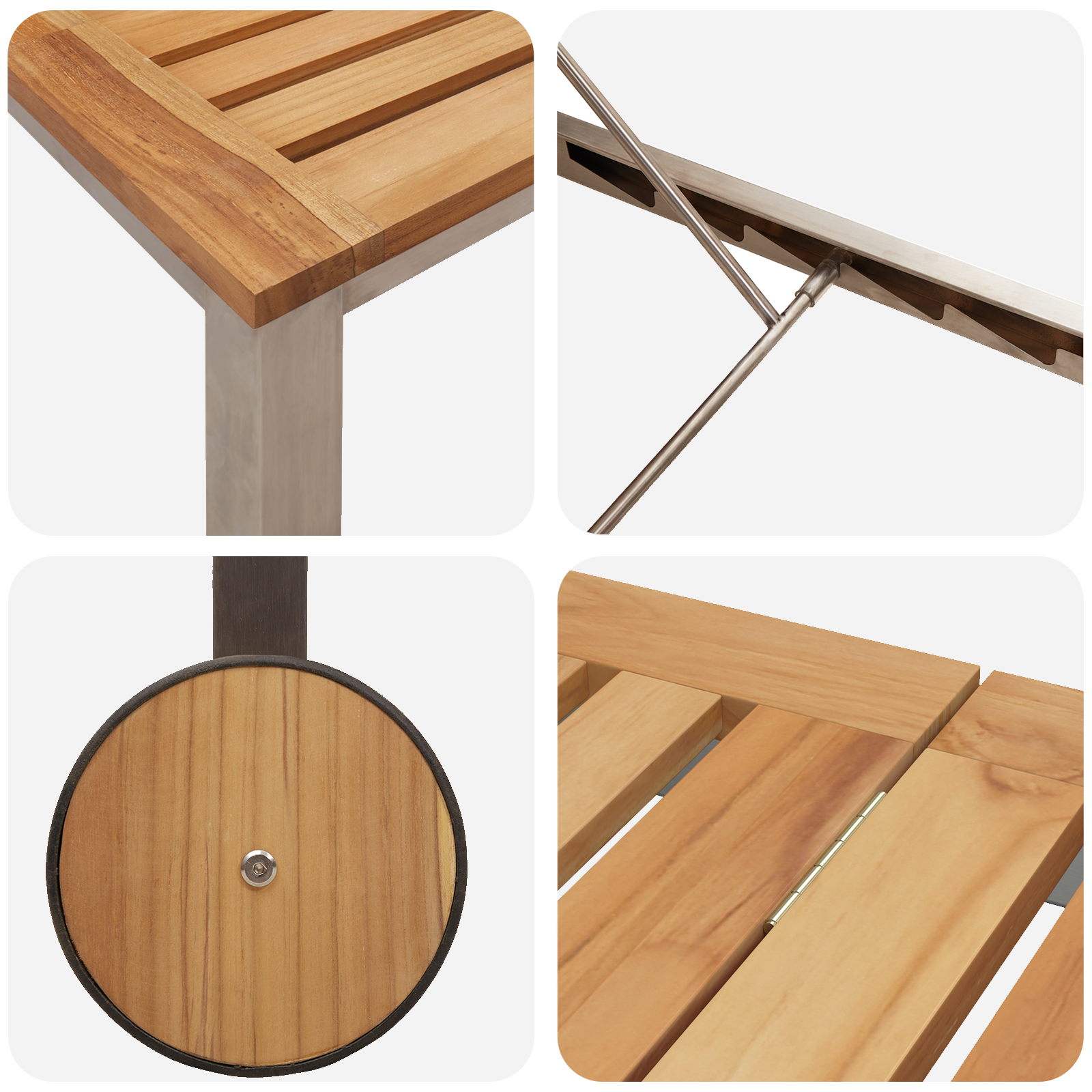 Sdraio con ruote 207x58x35 cm in legno massello di acacia e acciaio inossidabile