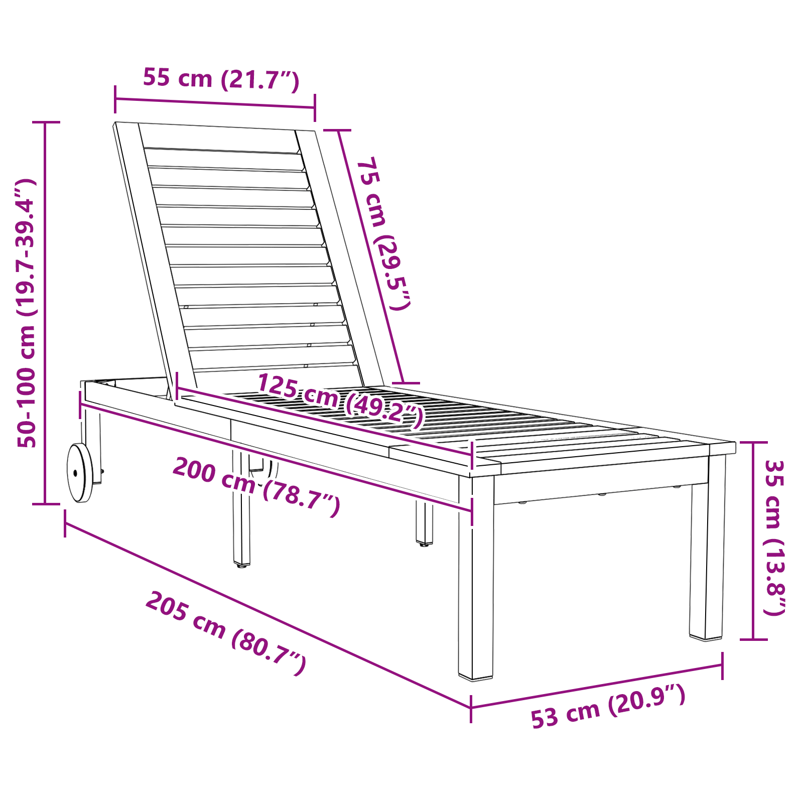 Sdraio con ruote 207x58x35 cm in legno massello di acacia e acciaio inossidabile