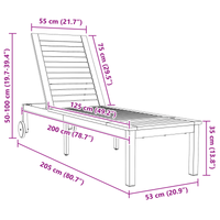 Sdraio con ruote 207x58x35 cm in legno massello di acacia e acciaio inossidabile