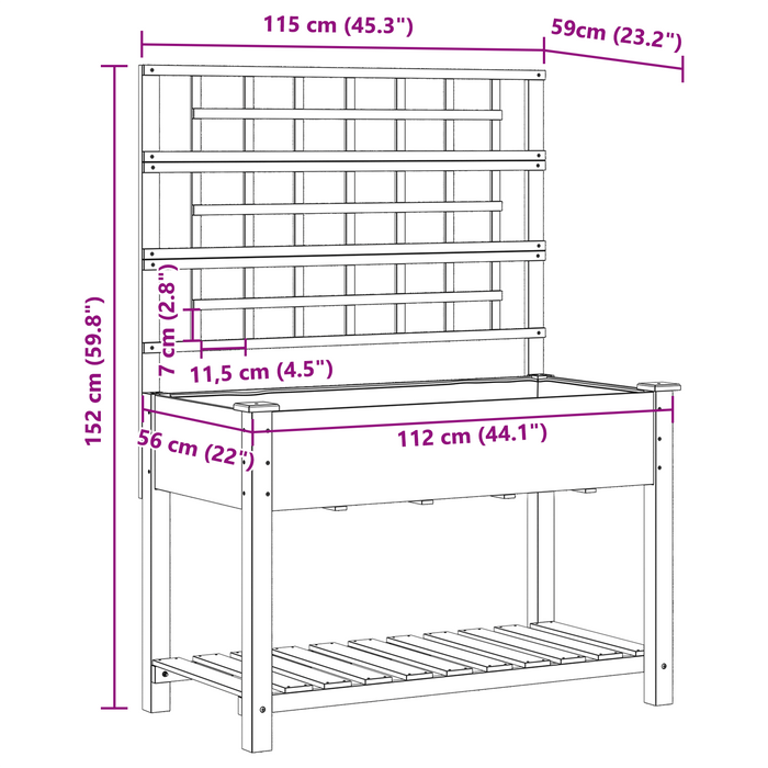Fioriera da giardino con traliccio e ripiano 115x59x152 cm in legno massello di abete