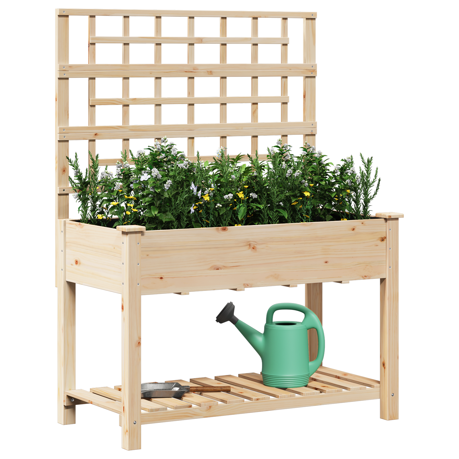 Fioriera da giardino con traliccio e ripiano 115x59x152 cm in legno massello di abete