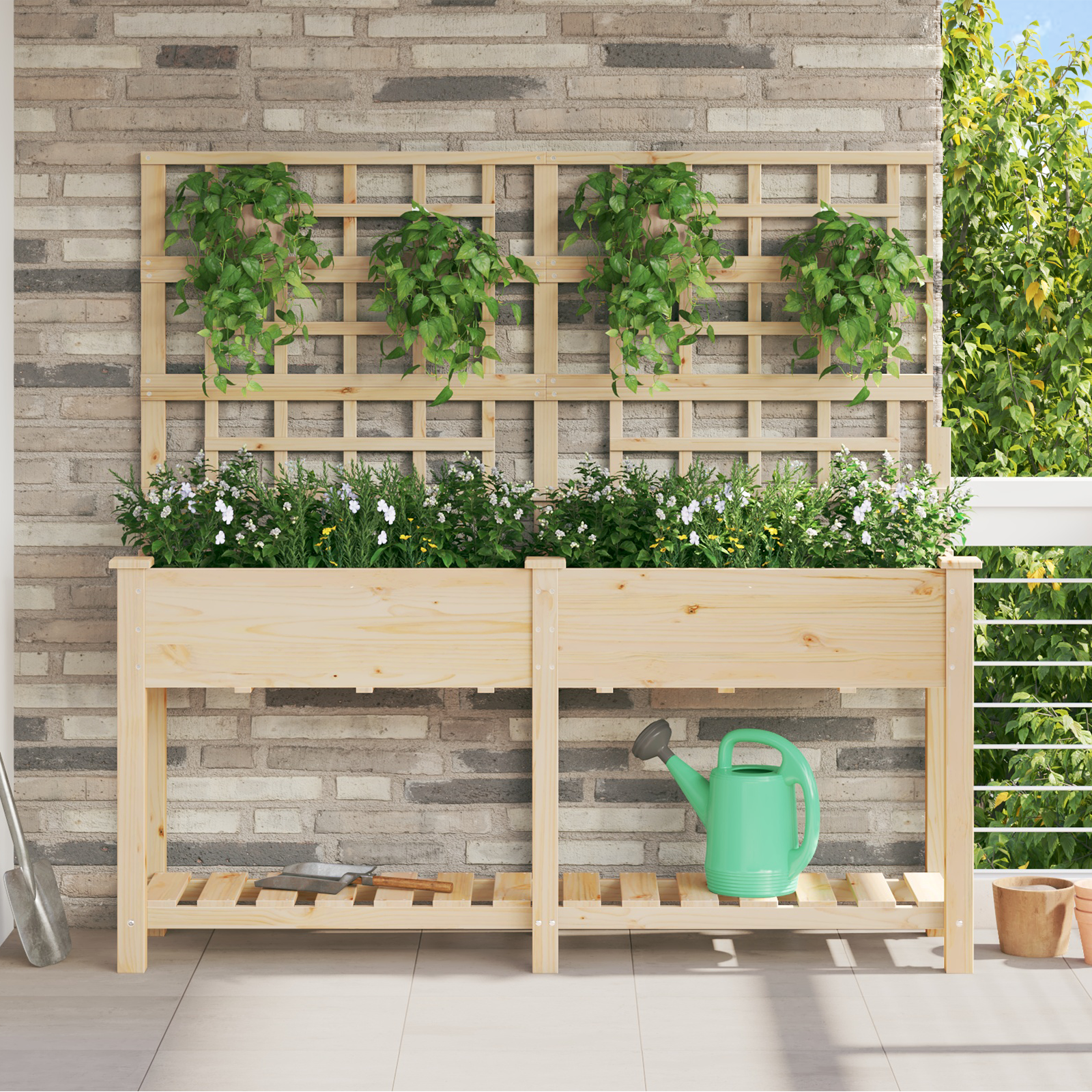 Vaso da Giardino  con Trellis e Ripiano 161x43x152 cm in Legno Massello di Pino