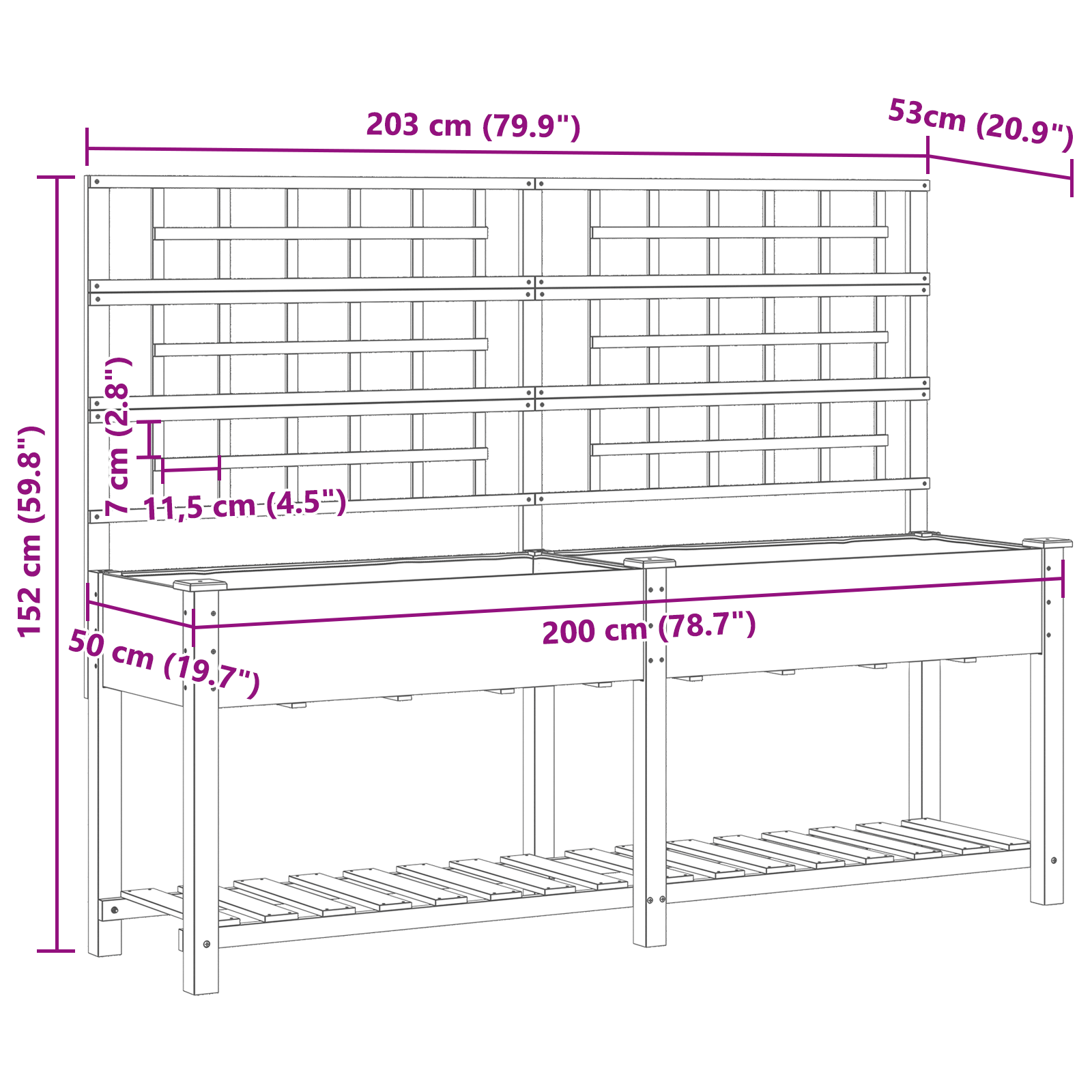 Pianter a Giardino con Trellis e Ripiano 203x53x152 cm in Legno Massello di Pino