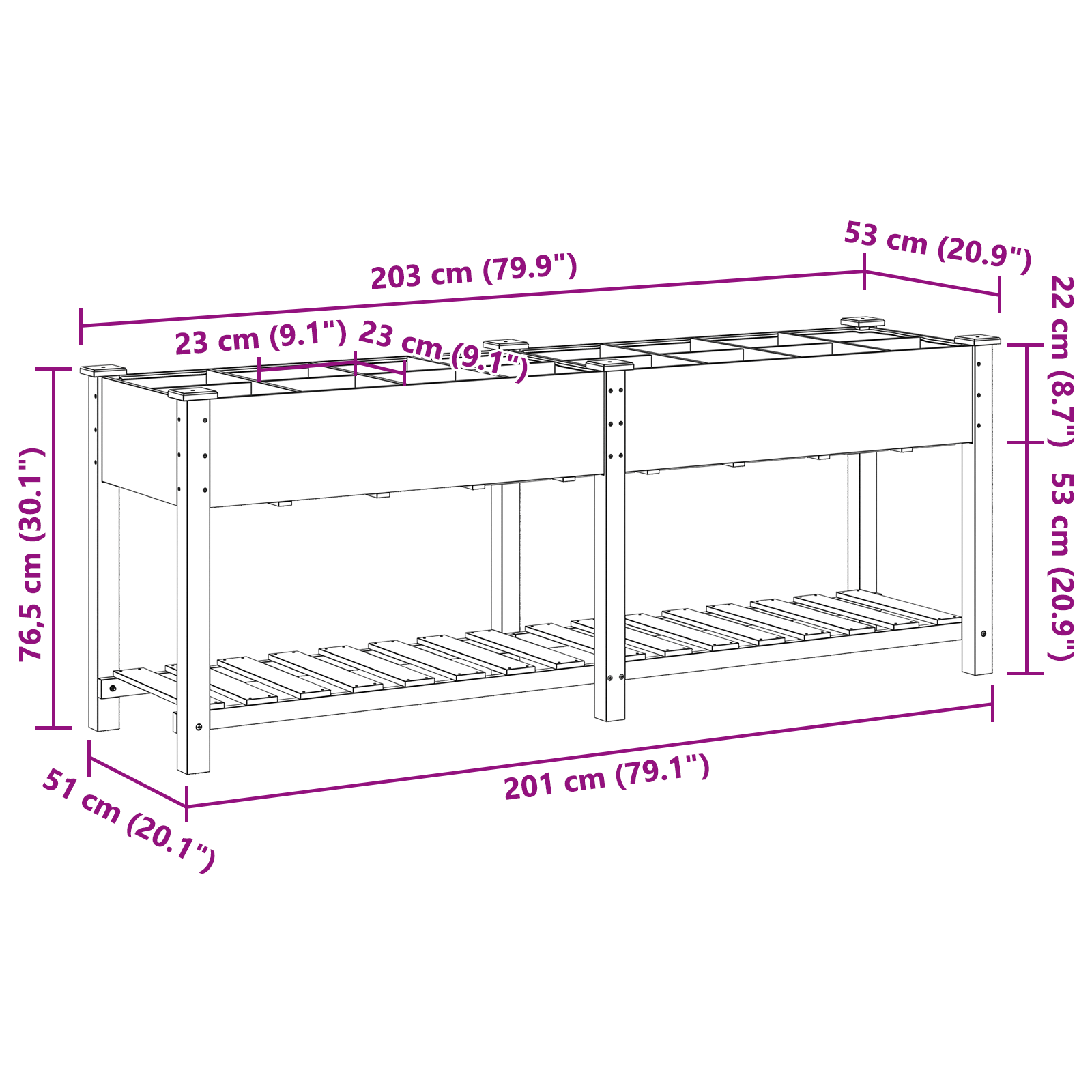 Fioriera da Giardino con Griglie 203x53x76 cm Legno Massello di Abete
