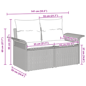 Divano da giardino a 2 posti con storage e cuscini in polyrattan nero