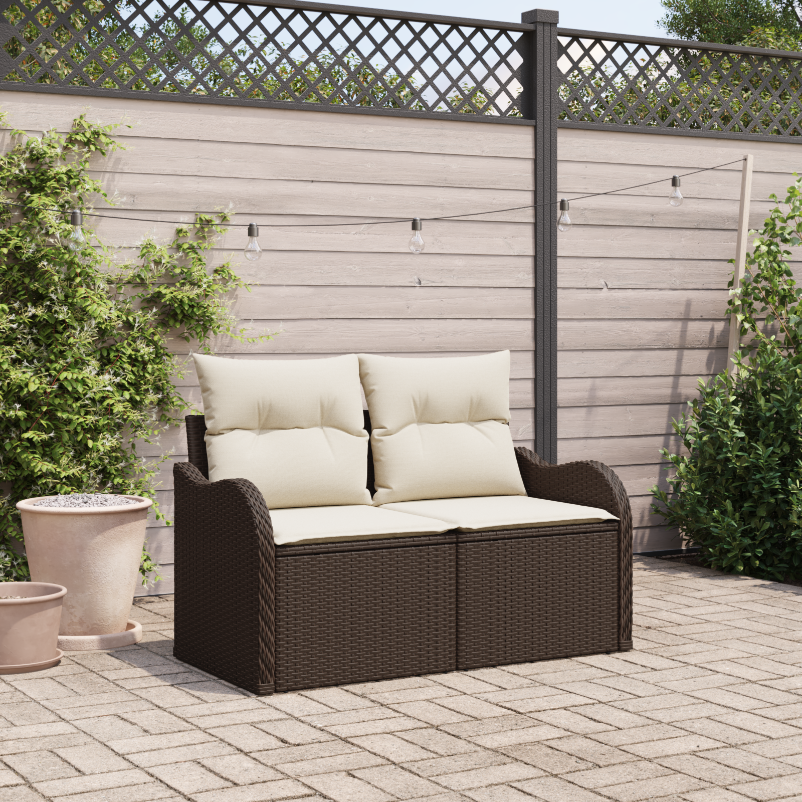 Divano da Giardino a 2 Posti con Cuscini Rattan Sintetico Marrone
