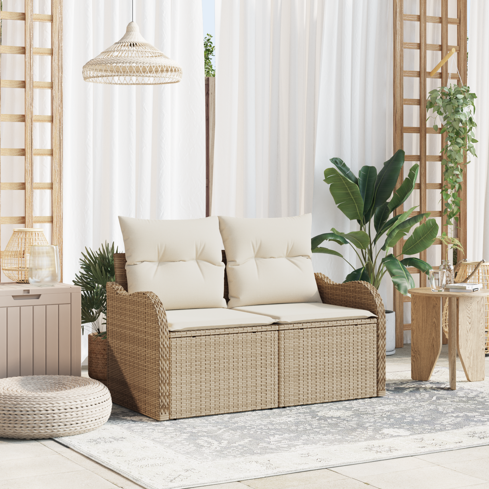 Divano da Giardino a 2 Posti con Cuscini Beige in Polyrattan