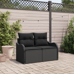 Divano da giardino a 2 posti con cuscini in poly rattan nero