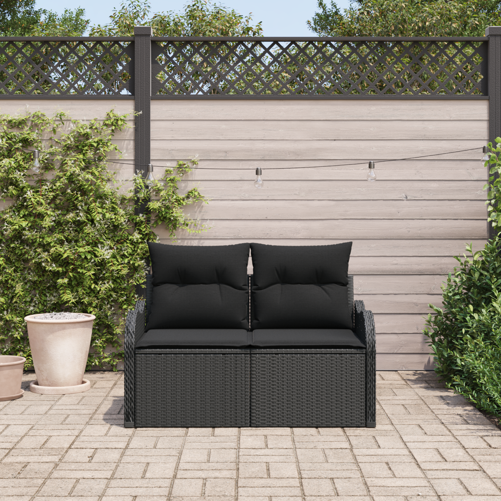 Divano da giardino a 2 posti con cuscini in poly rattan nero