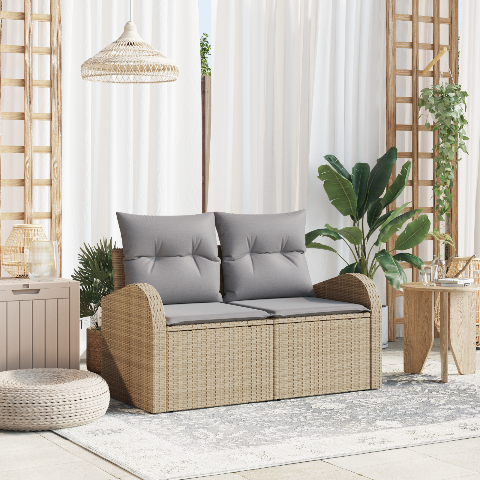 Divano da Giardino a 2 Posti con Cuscini Beige Polyrattan