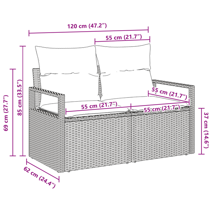 Divano da giardino 2 posti con storage e cuscini grigio in rattan