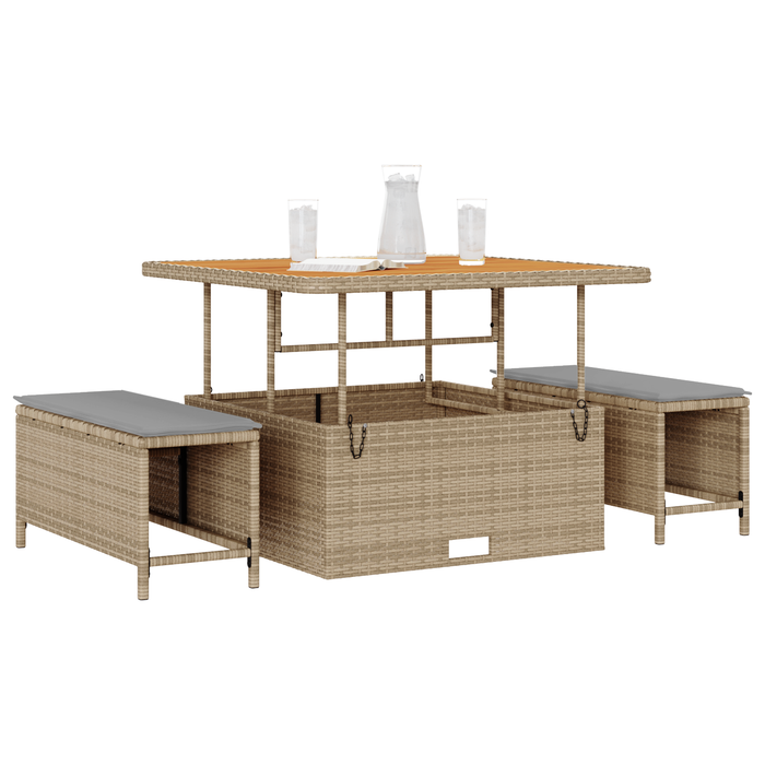 Set da Pranzo da Giardino 3 Pezzi con Cuscini Beige in Rattan Sintetico e Acacia