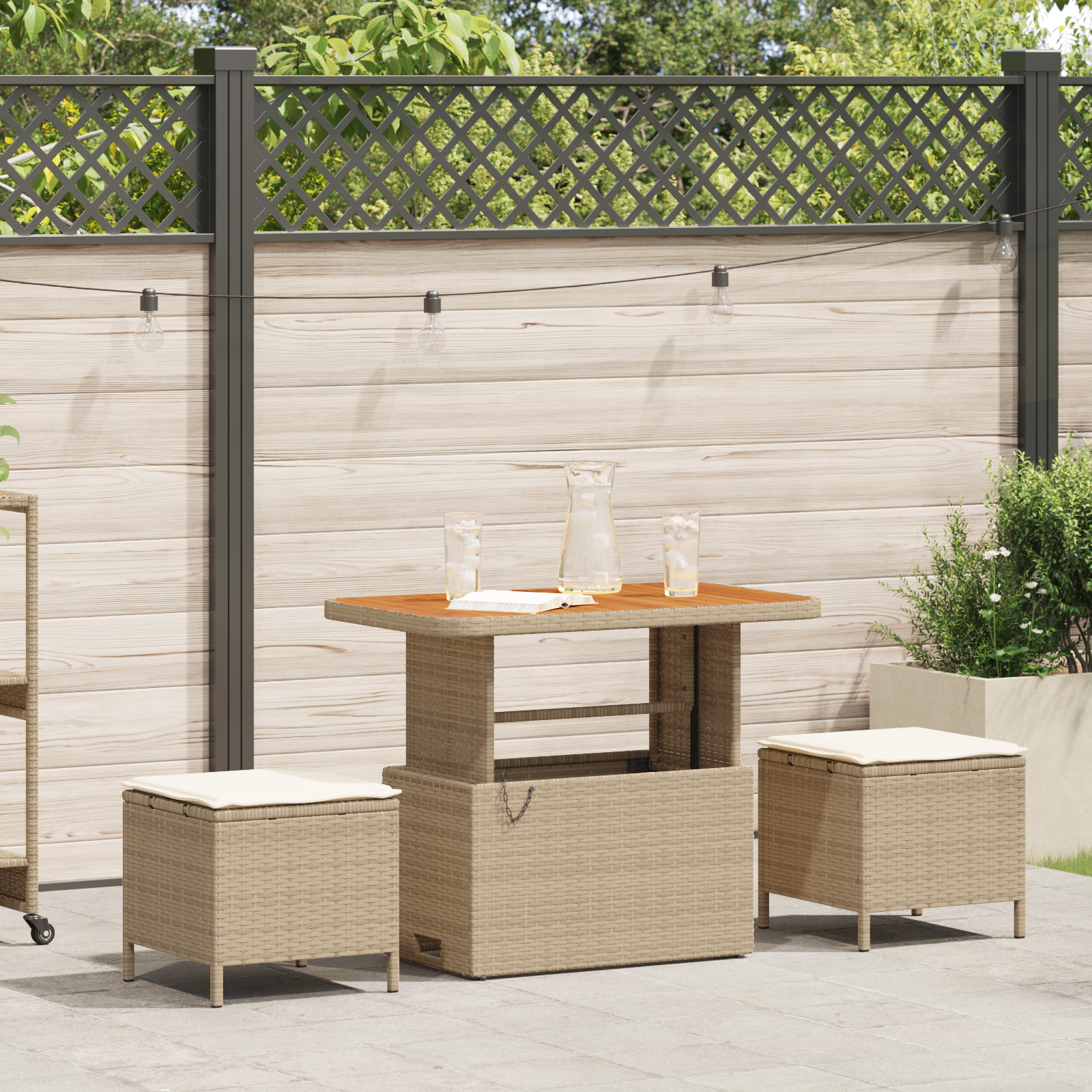Set da pranzo da giardino in 3 pezzi con cuscini beige in rattan sintetico e acacia