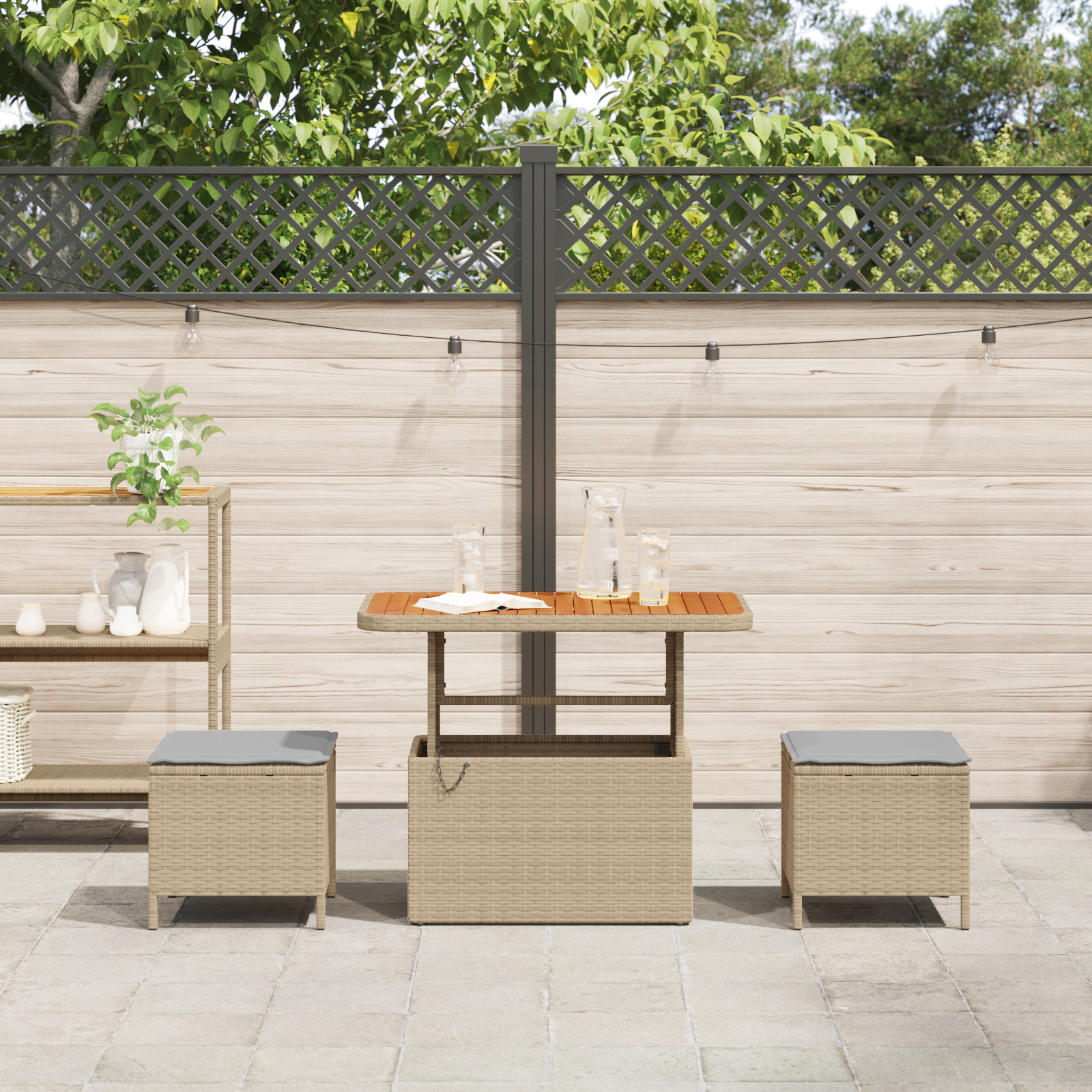 Set da Pranzo da Giardino 3 Pezzi con Cuscini Beige in Polyrattan e Acacia