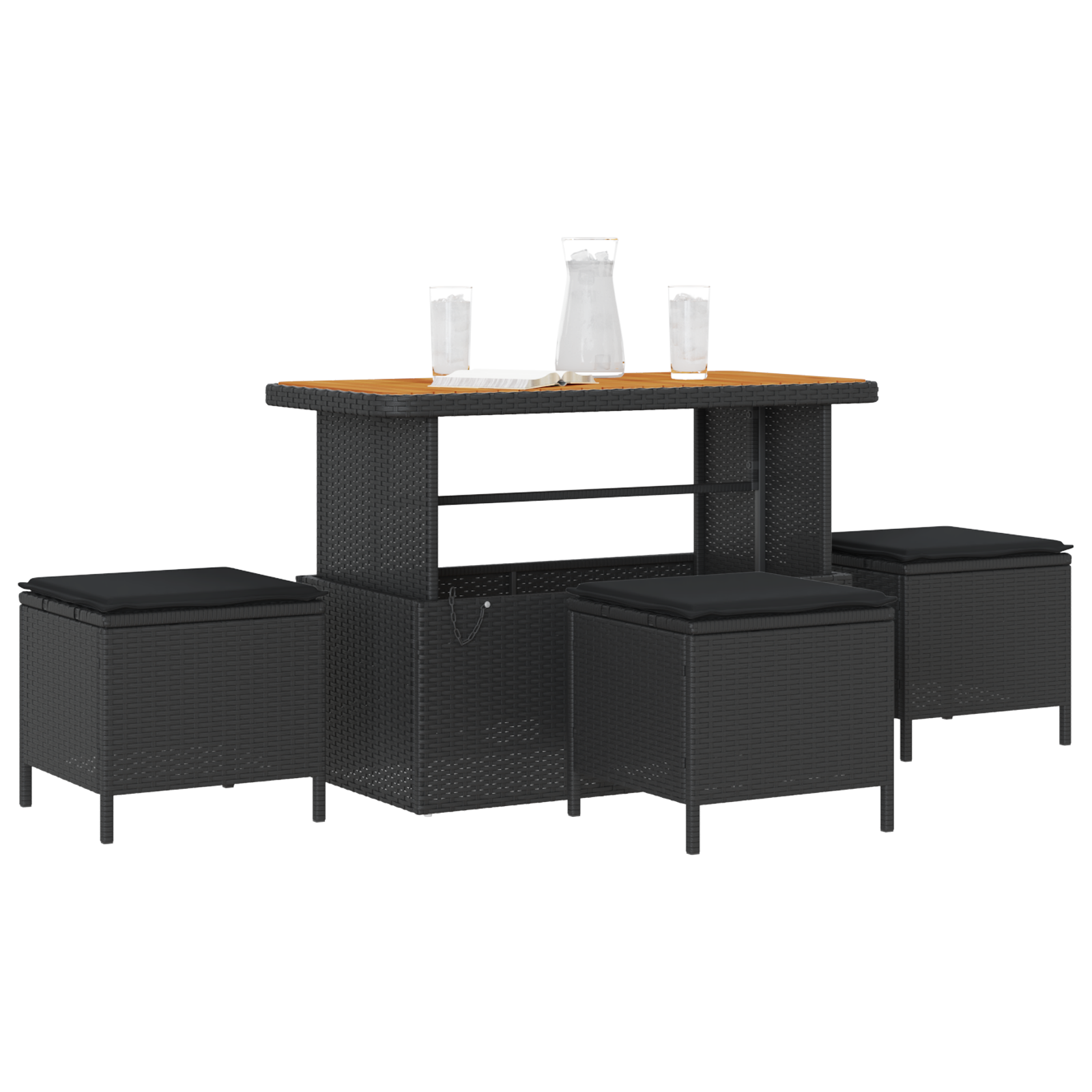 Set da Pranzo da Giardino 4 Pezzi con Cuscini Nero Polyrattan Acacia