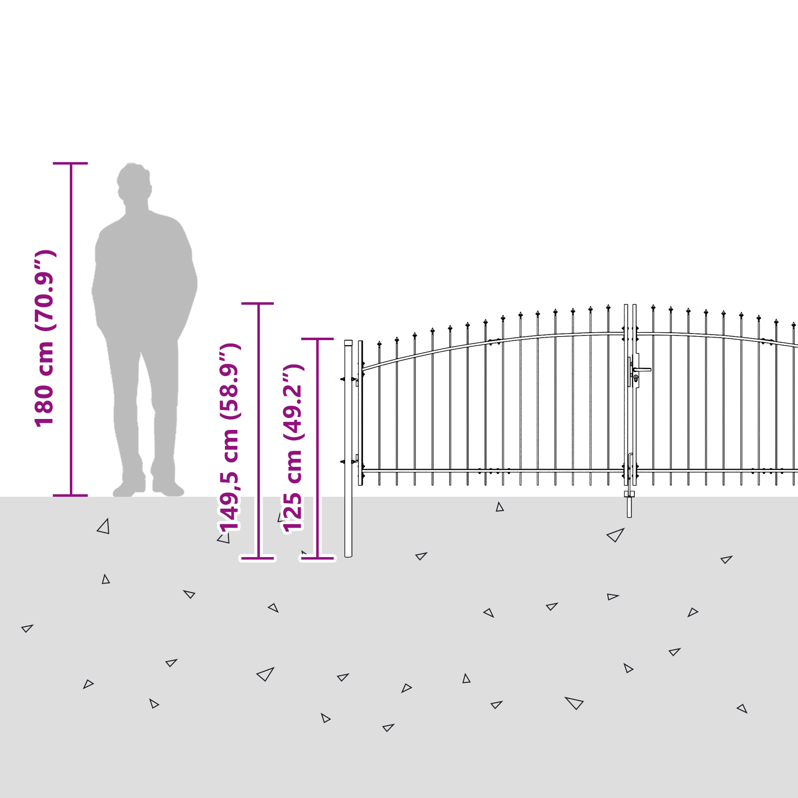 Cancello da Giardino con Punta di Lancia Doppio Battente Grigio 100x400 cm Acciaio