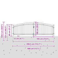 Cancello da Giardino con Punta di Lancia Doppio Battente Grigio 100x400 cm Acciaio