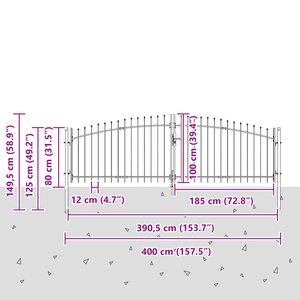 Cancello da Giardino con Punta di Lancia Doppio Battente Grigio 100x400 cm Acciaio