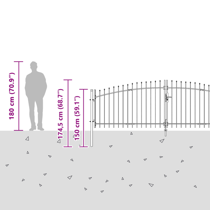 Cancello da Giardino con Punta a Lancia a Due Ante Grigio 125x400 cm Acciaio